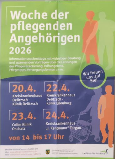 Zu sehen ist das Plakat zur Woche der pflegenden Angehörigen mit dem Datum in der Collm Klinik Oschatz am 23.04.