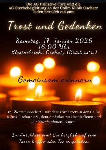 Zu sehen ist die Einladung zur Veranstaltung für Trost & Gedenken am Samstag, den 17.01. um 16 Uhr in der Klosterkirche Oschatz.