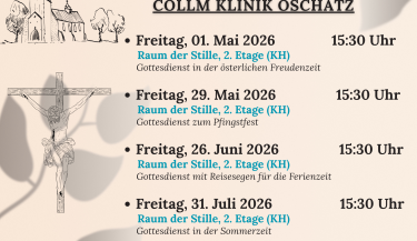 Zu sehen sind die Gottesdiensttermine am 01.05., 29.05., 26.06. und 31.07. um 15.30 Uhr im Raum der Stille.