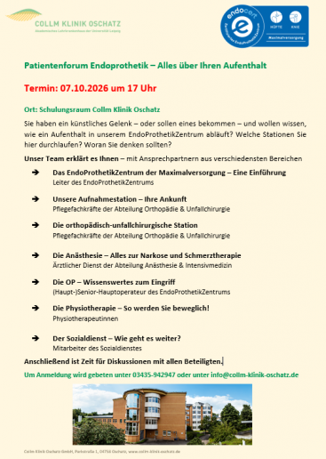 Zu sehen ist das Plakat für das EPZ-Patientenforum am 07.10. um 17 Uhr im Schulungsraum.