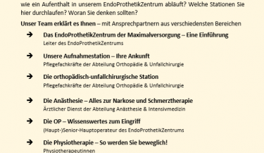 Auf dem Bild finden sich die Eckdaten zum Patientenforum, die im Text vorkommen, plus eine Aufzählung der Abteilungen.