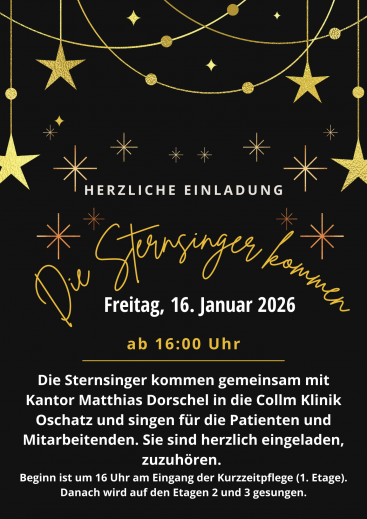 Zu sehen ist ein Text über die Sternsinger, die am 16.01. um 16 Uhr in die Collm Klinik kommen.