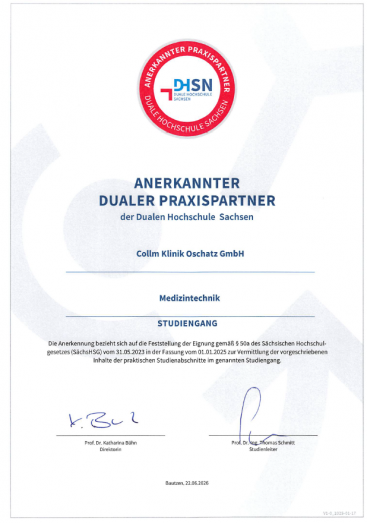 Gezeigt wird das Zertifikat als Dualer Praxispartner im Bereich Medizintechnik.