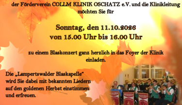 Zu sehen ist die Einladung zum Herbstkonzert für den 11.10.2026 von 15 bis 16 Uhr im Foyer der Klinik.