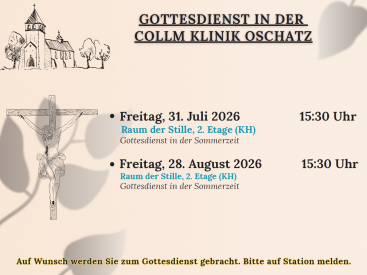 Zu sehen sind die beiden Termine für Gottesdienste am 31. Juli und 28. August 2026 um jeweils 15:30 Uhr im Raum der Stille.