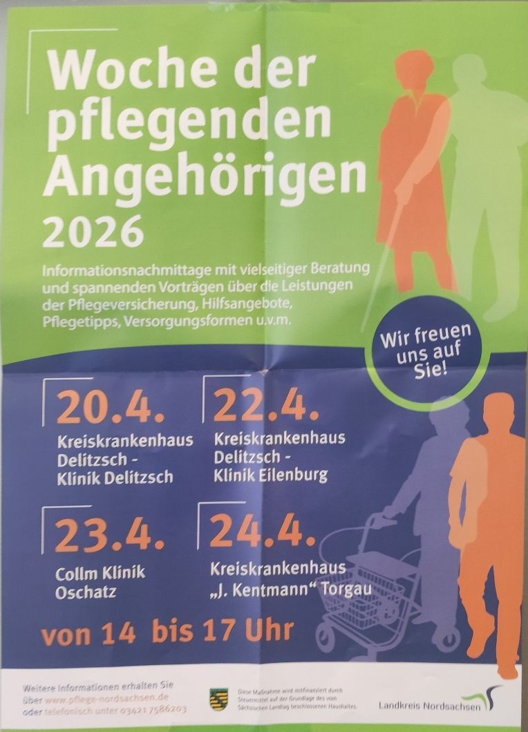 Zu sehen ist das Plakat zur Woche der pflegenden Angehörigen mit dem Datum in der Collm Klinik Oschatz am 23.04.