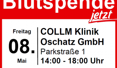 Das Bild zeigt den Blutspendetermin am 08. Mai von 14 bis 18 Uhr und den Link zur Reservierung eines Termins unter www.blutspende-nordost.de.