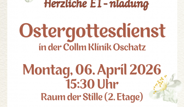 Zu sehen ist eine Einladung zum Ostergottesdienst mit abgebildeten Eiern, einem Kreuz und Blumen sowie einer Geige.