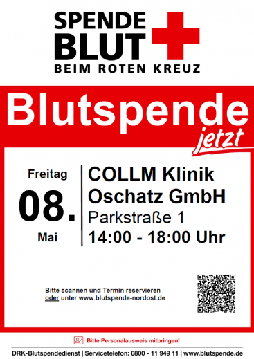 Das Bild zeigt den Blutspendetermin am 08. Mai von 14 bis 18 Uhr und den Link zur Reservierung eines Termins unter www.blutspende-nordost.de.