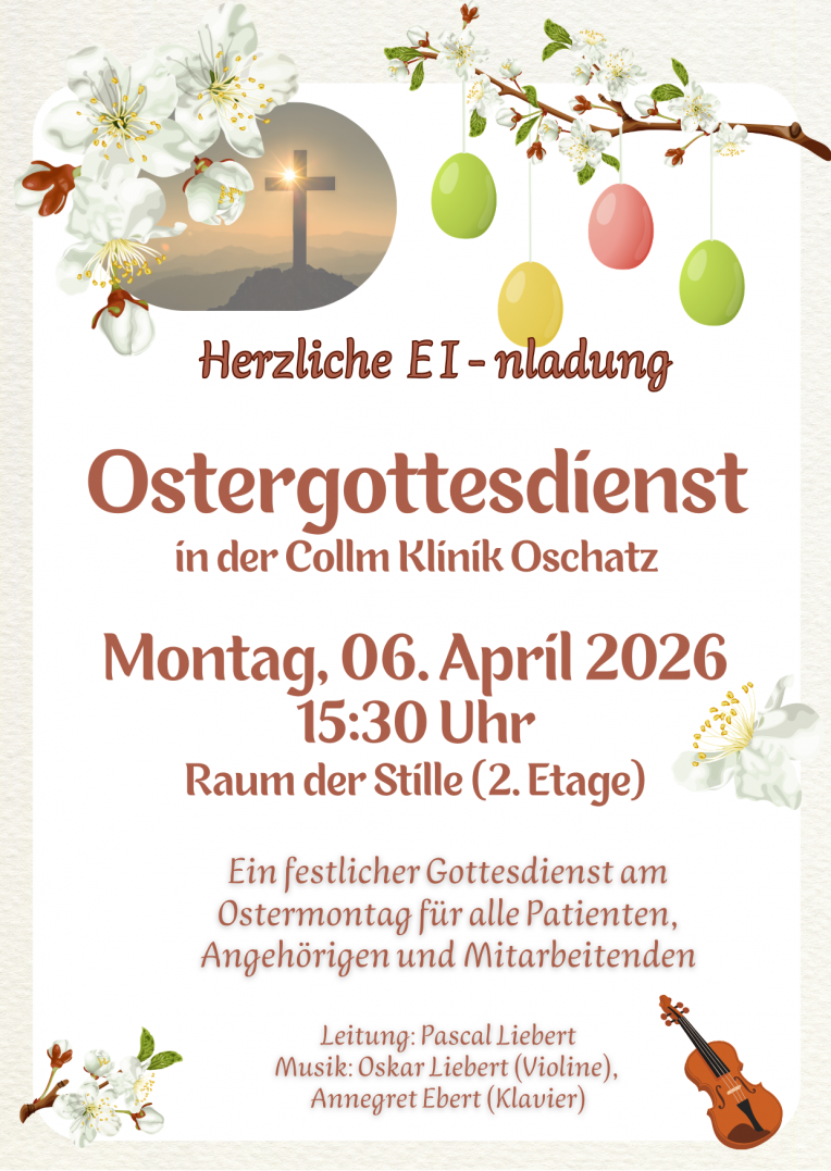 Zu sehen ist eine Einladung zum Ostergottesdienst mit abgebildeten Eiern, einem Kreuz und Blumen sowie einer Geige.