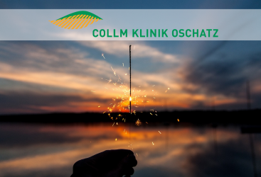 Eine Hand hält eine Wunderkerze. Darüber ist das Logo der Klinik zu sehen.