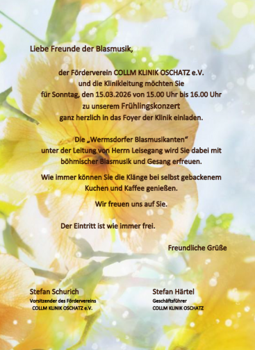 Zu sehen ist die Einladung zum Frühlingskonzert vor floralem Hintergrund.