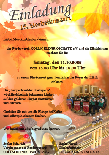 Zu sehen ist die Einladung zum Herbstkonzert für den 11.10.2026 von 15 bis 16 Uhr im Foyer der Klinik.