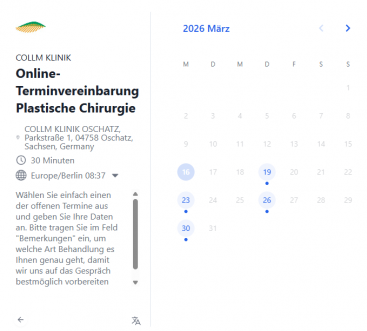 Zu sehen ist ein Screenshot des Online-Kalenders für die Plastische Chirurgie.