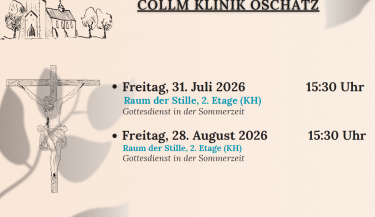 Zu sehen sind die beiden Termine für Gottesdienste am 31. Juli und 28. August 2026 um jeweils 15:30 Uhr im Raum der Stille.