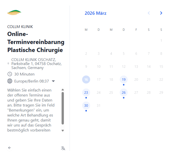 Zu sehen ist ein Screenshot des Online-Kalenders für die Plastische Chirurgie.