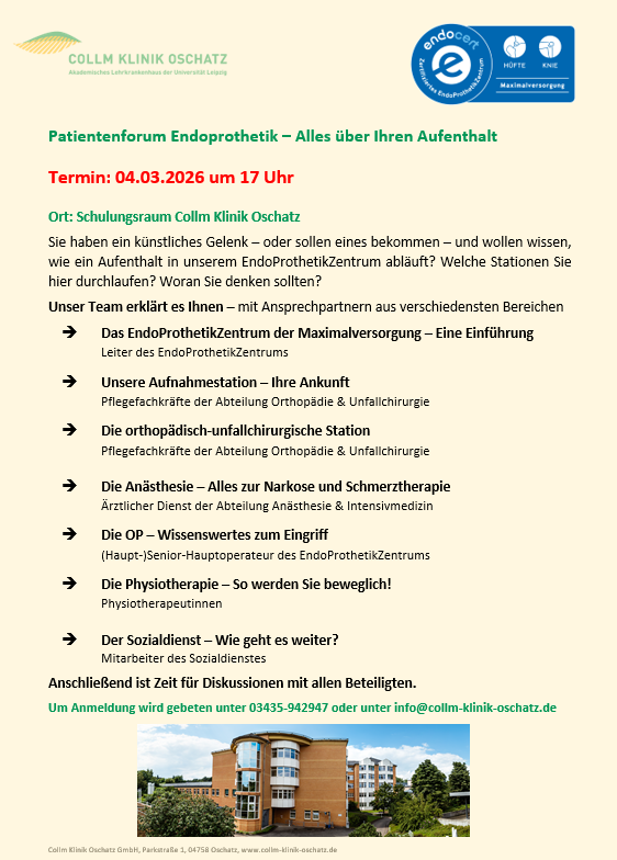 Auf dem Bild finden sich die Eckdaten zum Patientenforum, die im Text vorkommen, plus eine Aufzählung der Abteilungen.