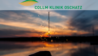 Eine Hand hält eine Wunderkerze. Darüber ist das Logo der Klinik zu sehen.