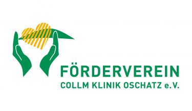 Zu sehen ist das Logo des Fördervereins: Zwei geöffnete Hände mit einem Herz und dem Collm-Berg.