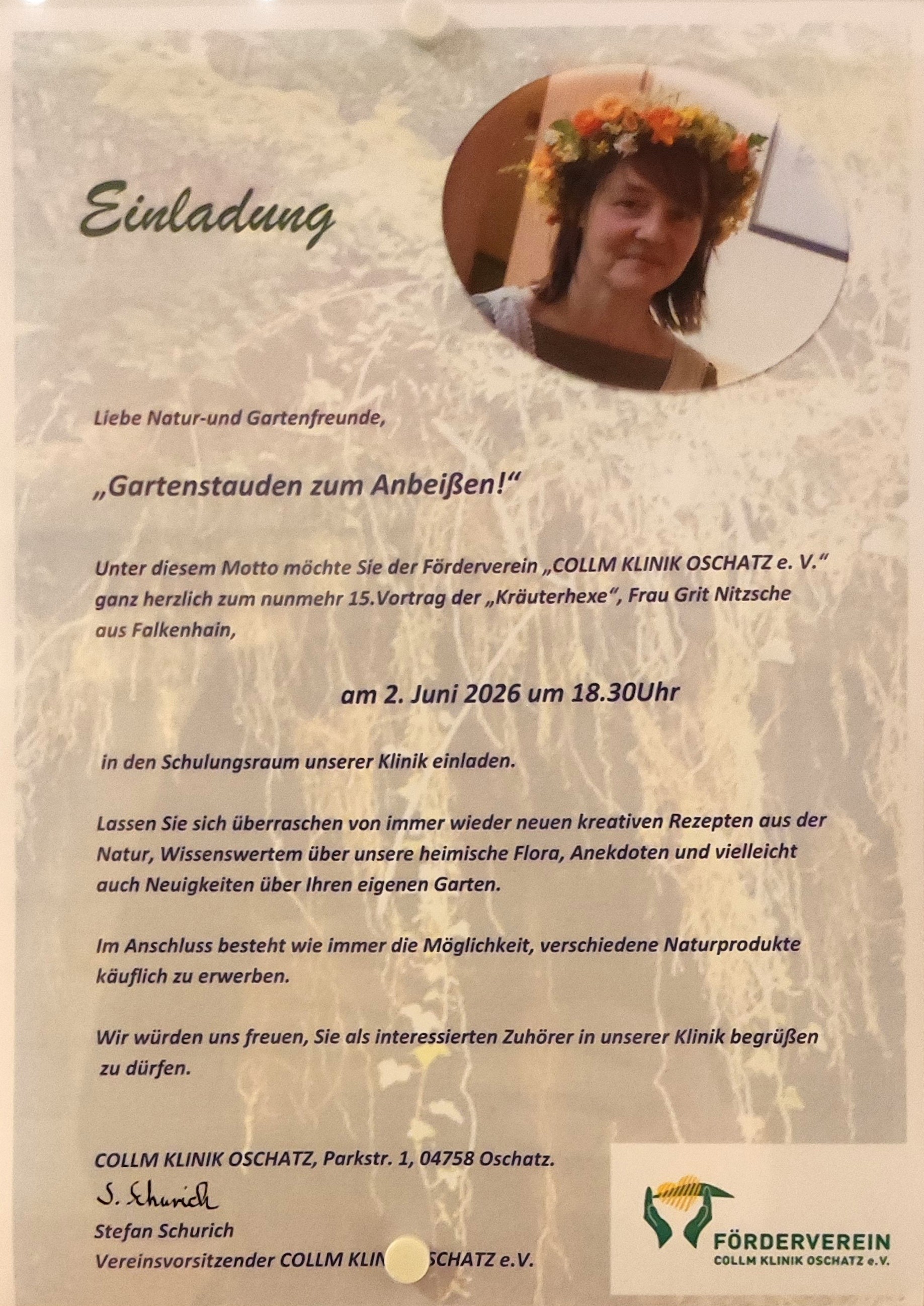 Das Bild zeigt die Ankündigung des Vortrags mit den im Text angegebenen Daten sowie ein Bild von Frau Grit Nitzsche.